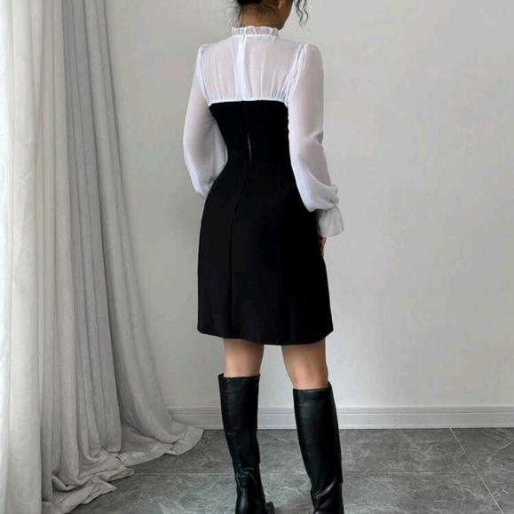 Fashion Slimming Waist A-Line Umbrella Black And White Dress, Elegant Patchwork - Picture 2 of 4